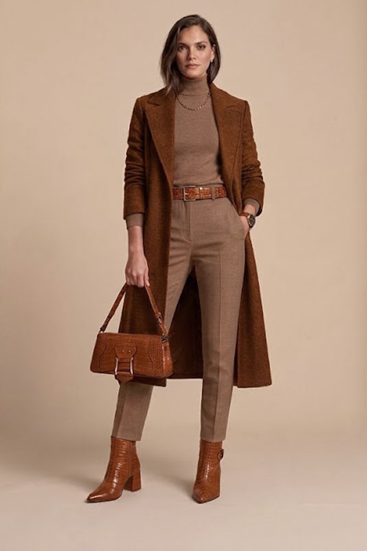 Women's cognac back-buckle ankle boots with pointed toe and mid block heel - Worn view